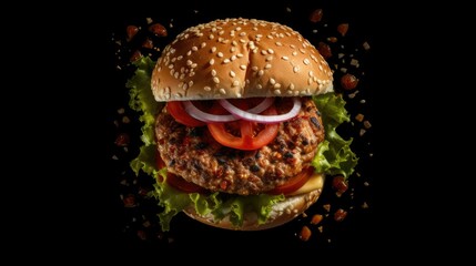 AI generated illustration of a delicious, mouth-watering cheeseburger on a dark background