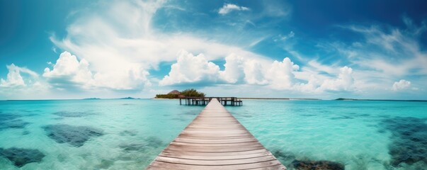 Banner wooden pier to an island in ocean against beautiful blue sky with white clouds. Ai generative.