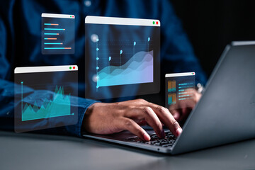 Fototapeta na wymiar business, statistic, investment, progress, management, financial, graph, analysis, finance, technology. Businessman Typing on Laptop Keyboard to View Graph and Line HUD to Data Analysis for Management