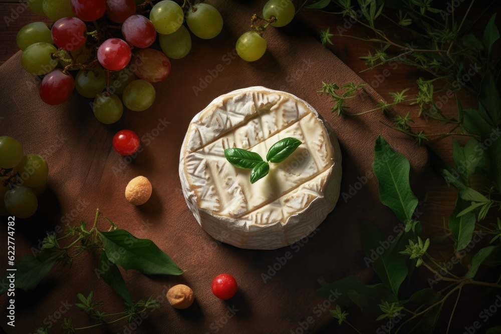 Sticker AI generated illustration of camembert served with grapes