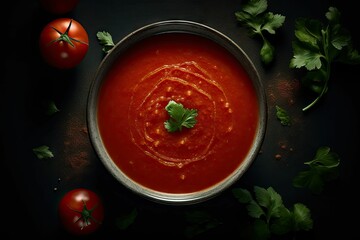 AI generated illustration of a red tomato soup served with greens
