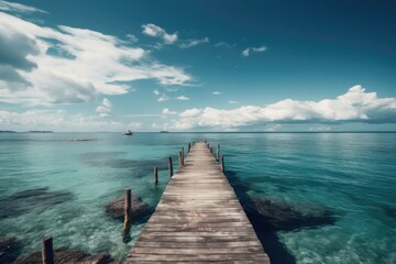 Obraz premium Wooden pier to an island in ocean against beautiful blue sky with white clouds. Ai generative.
