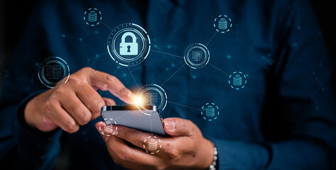 business, technology, security, privacy, password, identity, access, safety, internet, system. touching at smartphone for identity to access. technology security safety system to protect hacker.