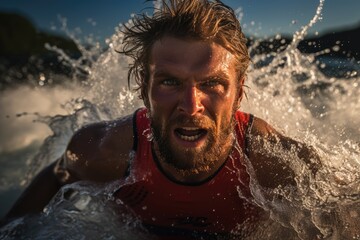 Endurance Swimmer Battling Against Ocean Waves - Challenge - Stamina