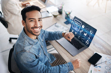 Seo, laptop screen and ux with portrait of man in office for research, communication and website....