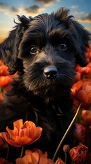 AI generated illustration of a black Labradoodle in a field of flowers