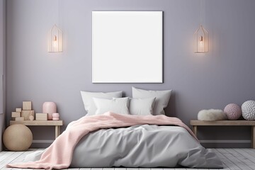 Pastel pink and purple bedroom with a white, blank frame, with copy space, AI-generated