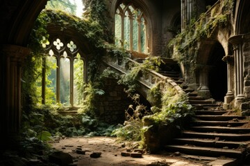 Naklejka premium Old staircase in an abandoned building with vegetation growing around it, AI-generated