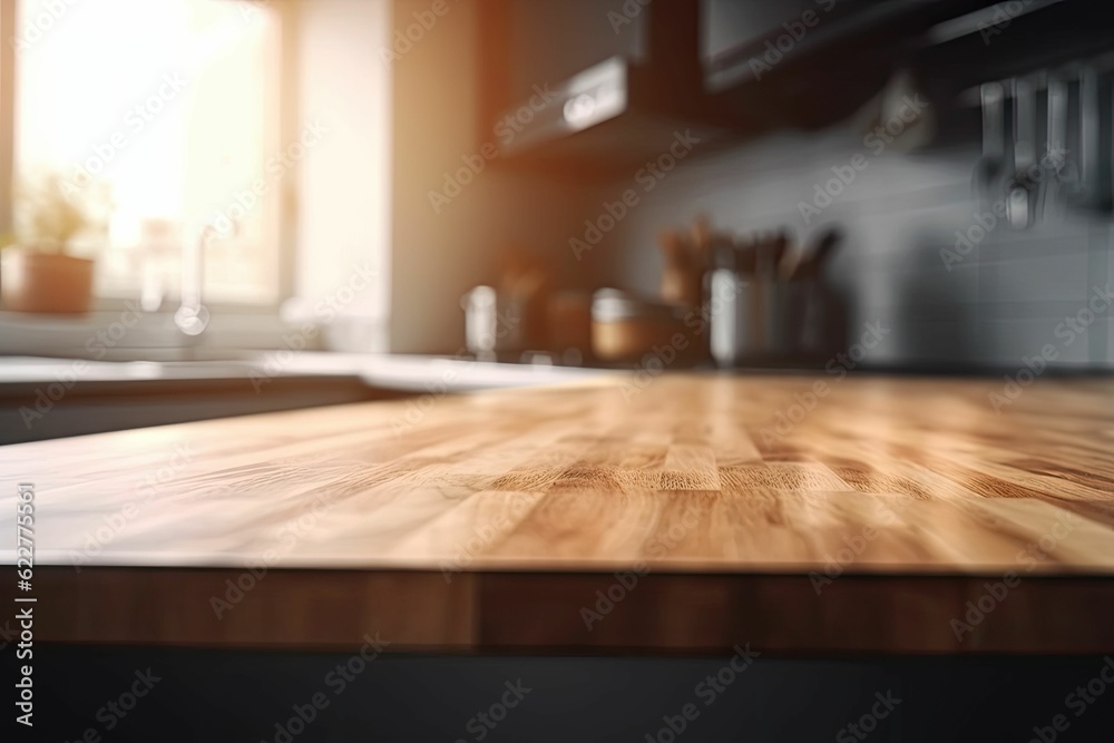 Sticker AI-generated illustration of a wooden kitchen table illuminated by sunlight