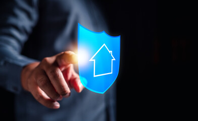 business, shield, insurance, protection, security, safety, assurance, wealth, life assurance, finance. businessman engages with shield hud, highlighting the importance of insurance in the digital age.