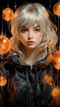 AI-generated digital art of a curly platinum blond young woman wearing a black fluffy jacket