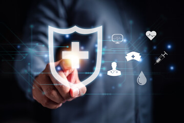 business, shield, insurance, protection, security, safety, assurance, wealth, life assurance, finance. businessman engages with shield hud, highlighting the importance of insurance in the digital age.