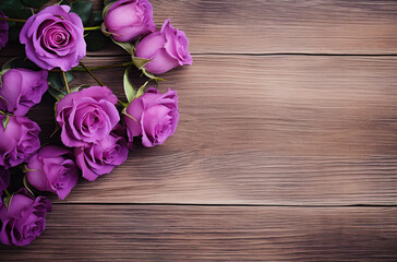 purple rose composition on wooden tabletop Generative AI