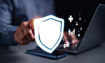 insurance, protection, assurance, family, health, saving, finance, life, shielding, health-care. businessman touch on shield hud with family and asset icon. depicting life insurance and asset security