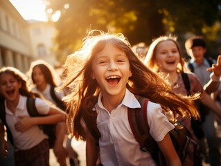 AI generated illustration of two young children, smiling happily, wearing school uniforms