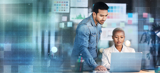 Teamwork, training and overlay with business people and laptop in office for creative, networking and review. Banner, mockup and startup with man and black woman in digital agency for website