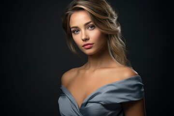 Fototapeta premium Portrait of a beautiful woman wearing a grayish-blue dress. AI-generated.