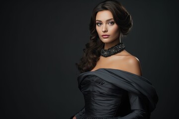 AI generated illustration of a young female with long dark hair wearing an elegant black dress