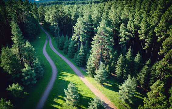 Aerial view of the road in the coniferous forest. Generative AI.