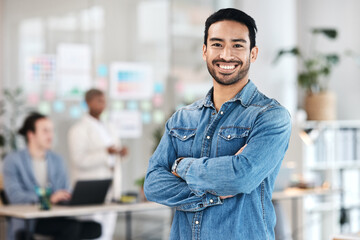 Portrait, confident and happy man in office with mockup, leadership and startup business ceo at...