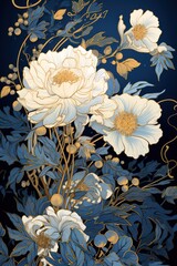 Gold peony flowers on a dark blue background. Floral background. Illustration in vintage style.