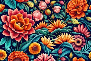 Vintage seamless floral pattern with dahlias and gerberas
