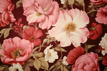 Rolgordijnen Beautiful floral background in vintage style with red and pink flowers on a dark red background. © Yuliya Kashirina