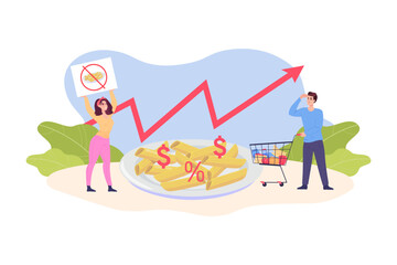 Woman boycotting pasta due to price increase vector illustration. Cartoon drawing of girl with sign, customer with shopping cart, huge plate of macaroni, growing cost. Inflation, food, strike concept - obrazy, fototapety, plakaty