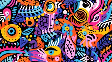 Psychedelic doodle seamless pattern. Abstract hand-drawn background. Bold colors.