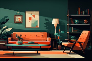 Interior of living room with sofa and armchair. Illustration in flat retro style.