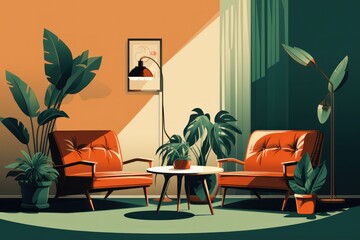 Interior of living room with armchairs and plants. Illustration in flat retro style.