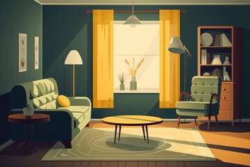 Living room interior with sofa, coffee table and armchair. Illustration in flat retro style.