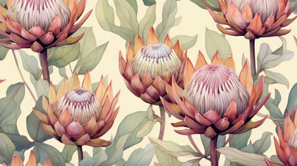 Seamless pattern with protea flowers. Watercolor illustration. Vintage style.