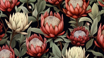 Seamless floral pattern with protea flowers n dark background. Vintage style.