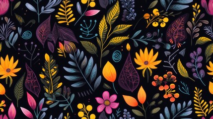 Dark pattern with flowers and leaves. Abstract floral background.