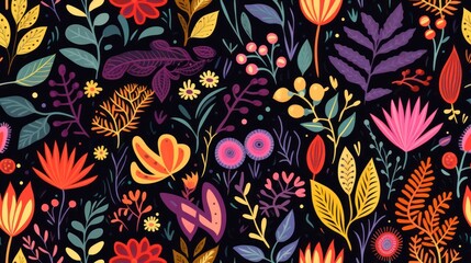 Seamless pattern with tropical flowers and leaves. Dark flowers banner.