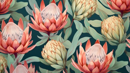 Seamless pattern with protea flowers. Hand drawn illustration. Vintage style.