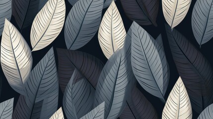 Pattern with abstract leaves on a dark background. Illustration in retro style. Monochrome colors.