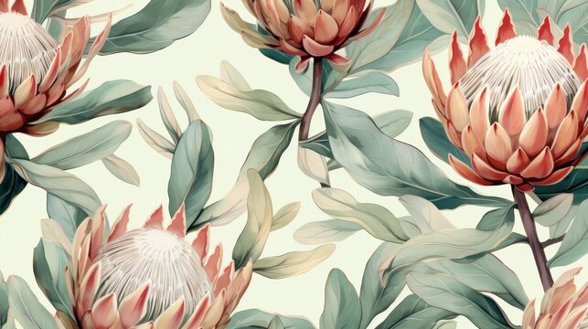 Seamless pattern with protea flowers. Hand drawn illustration.