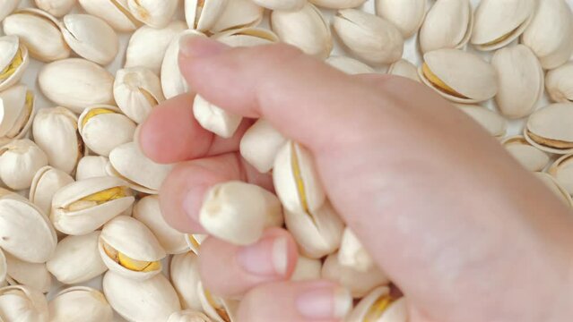 Woman hand take a roasted pistachio nuts. Healthy and delicious snack option for a nutritious diet. Concept of food and healthy eating.