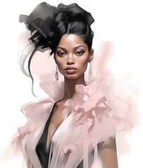 Beautiful fashionable young black woman in evening gown, fashion sketch illustration style