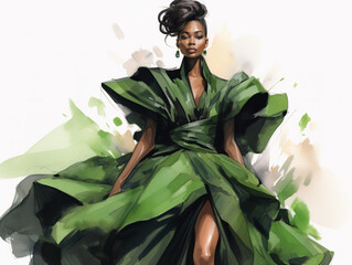 Beautiful fashionable young black woman in green haute couture dress, fashion sketch illustration style © Boadicea