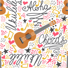 Ukulele seamless pattern, ukulele. Pattern with monstera, leaves, flowers, notes, inscriptions