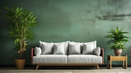 Weißes Sofa vor einer wald-grünen Betonwand in einem modernen Wohnzimmer mit Topfpflanzen, Generative AI