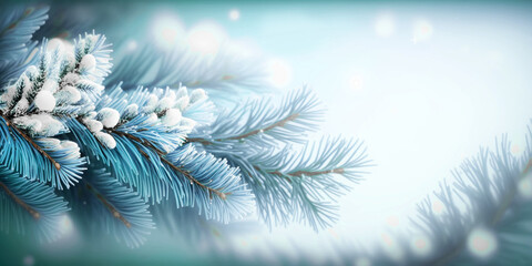 Dreamy christmas background with fir branches, space for text, pastel color, generative AI
