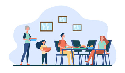 Happy family preparing for dinner vector illustration. Grandmother and daughter setting table while parents talking. Family reunion, intergenerational connections concept