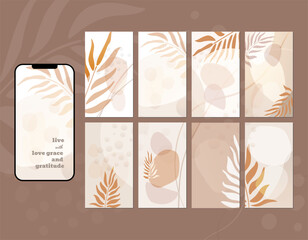 Social media story layout in shades of grey, brown, beige and tan. Abstract shapes, tropical leaves, palm leaves, spots, lines, checkered pattern. Place for icons, messages, text placement.
