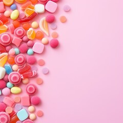 Candies and orange on the side with pink background