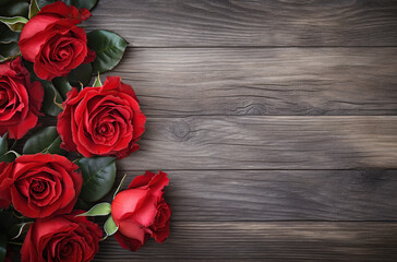 red rose composition on wooden tabletop Generative AI
