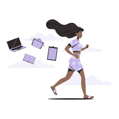 Procrastination. A woman in pajamas runs forward. A laptop, a saucepan, a book and a wish list are floating in the air behind her. A procrastinating character. Vector illustration.